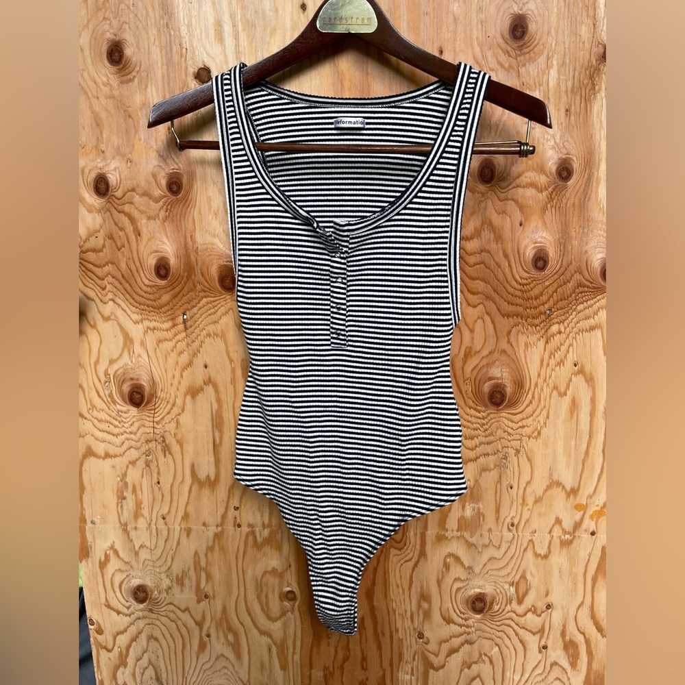 COPY - REFORMATION | Ella Striped Pull-On Thong Bodysuit black White Women’s Si…